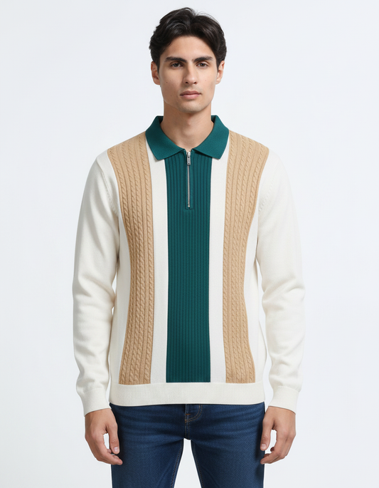 Men's Teal Color Block Knit Quarter-Zip Polo Shirt