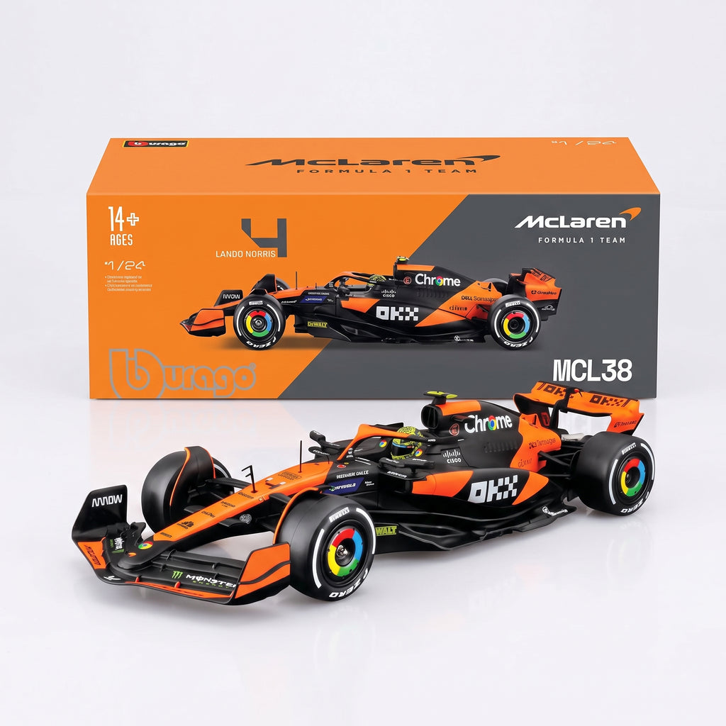 Bburago 1/24 Scale McLaren MCL38 Lando Norris #4 Diecast F1 Model with Helmet